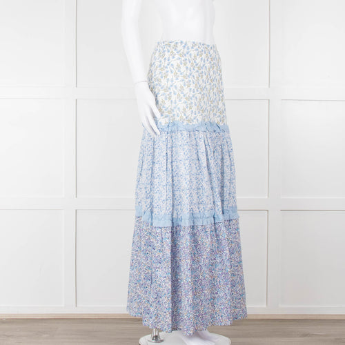 Ridley White Blue Floral Cotton Maxi Skirt