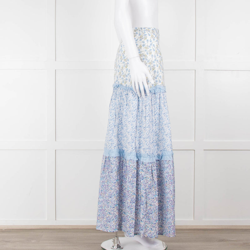 Ridley White Blue Floral Cotton Maxi Skirt