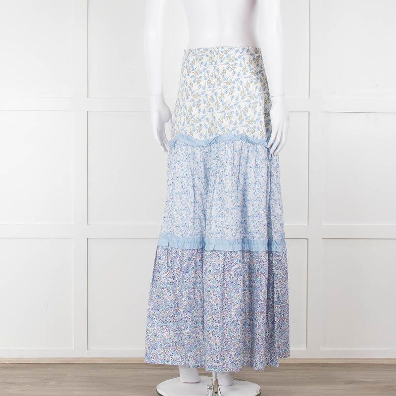 Ridley White Blue Floral Cotton Maxi Skirt