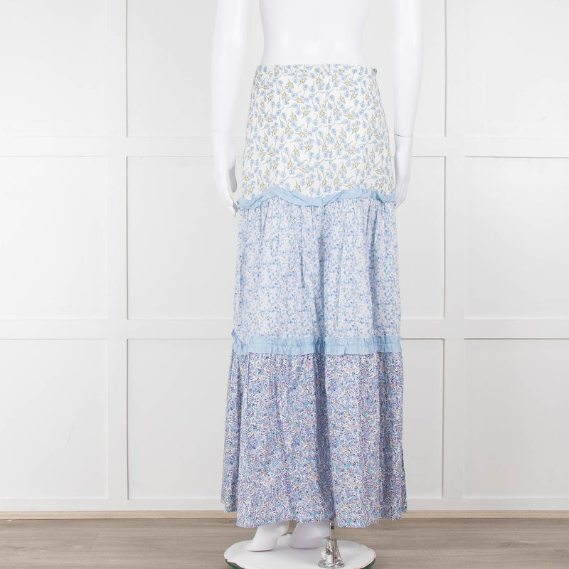 Ridley White Blue Floral Cotton Maxi Skirt
