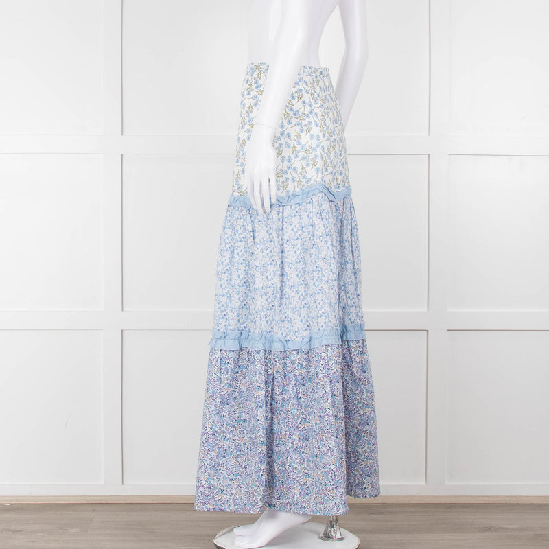 Ridley White Blue Floral Cotton Maxi Skirt