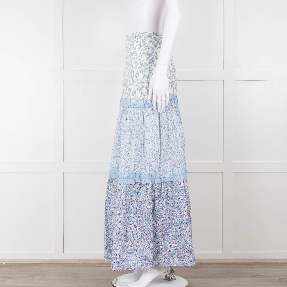 Ridley White Blue Floral Cotton Maxi Skirt