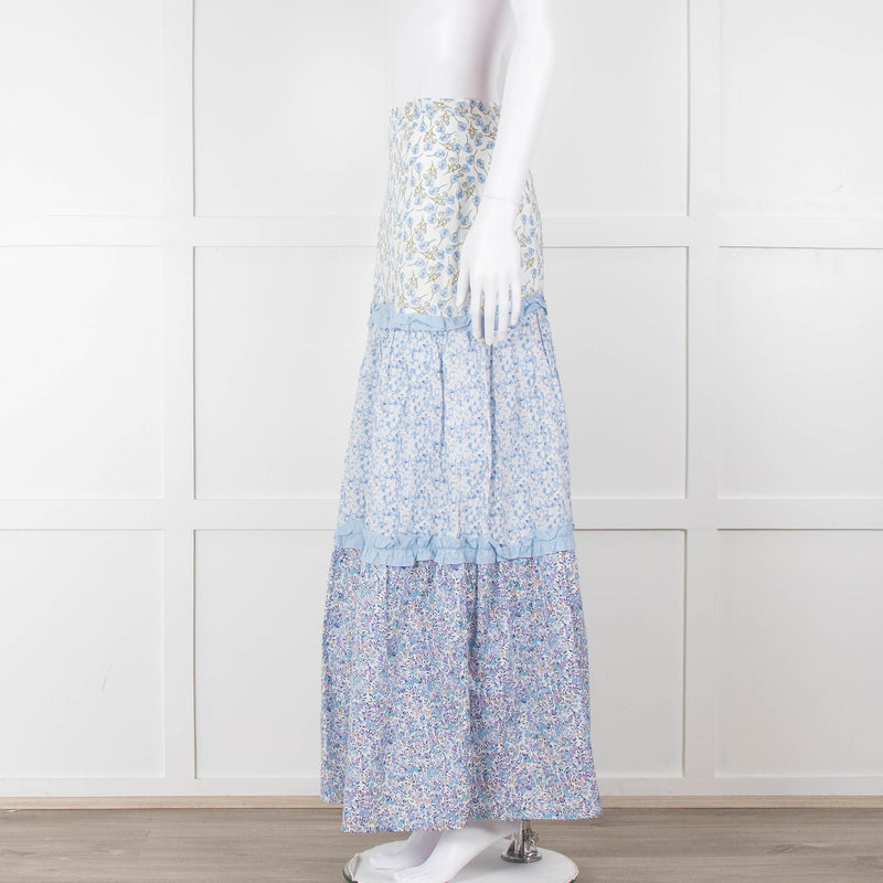 Ridley White Blue Floral Cotton Maxi Skirt