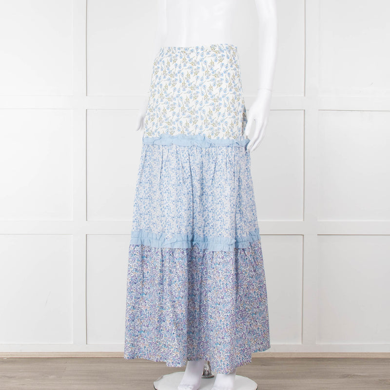 Ridley White Blue Floral Cotton Maxi Skirt