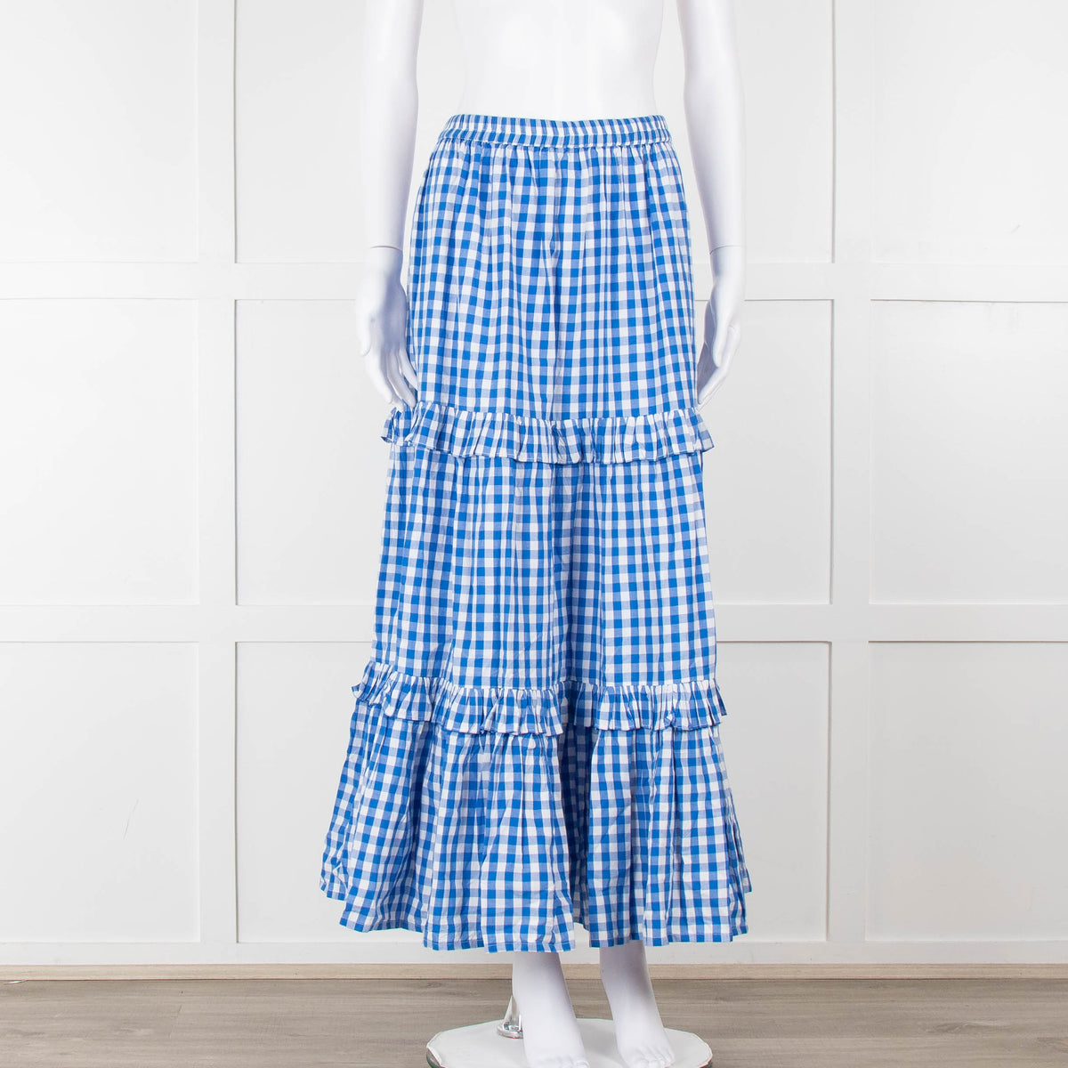Seraphina Blue White Gingham Check Tiered Maxi Skirt