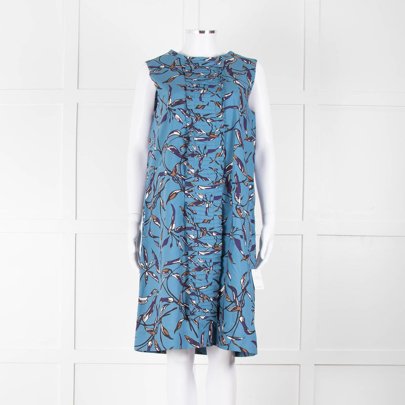 S Max Mara Blue Black Botanical Print Pin Tuck Shift Dress