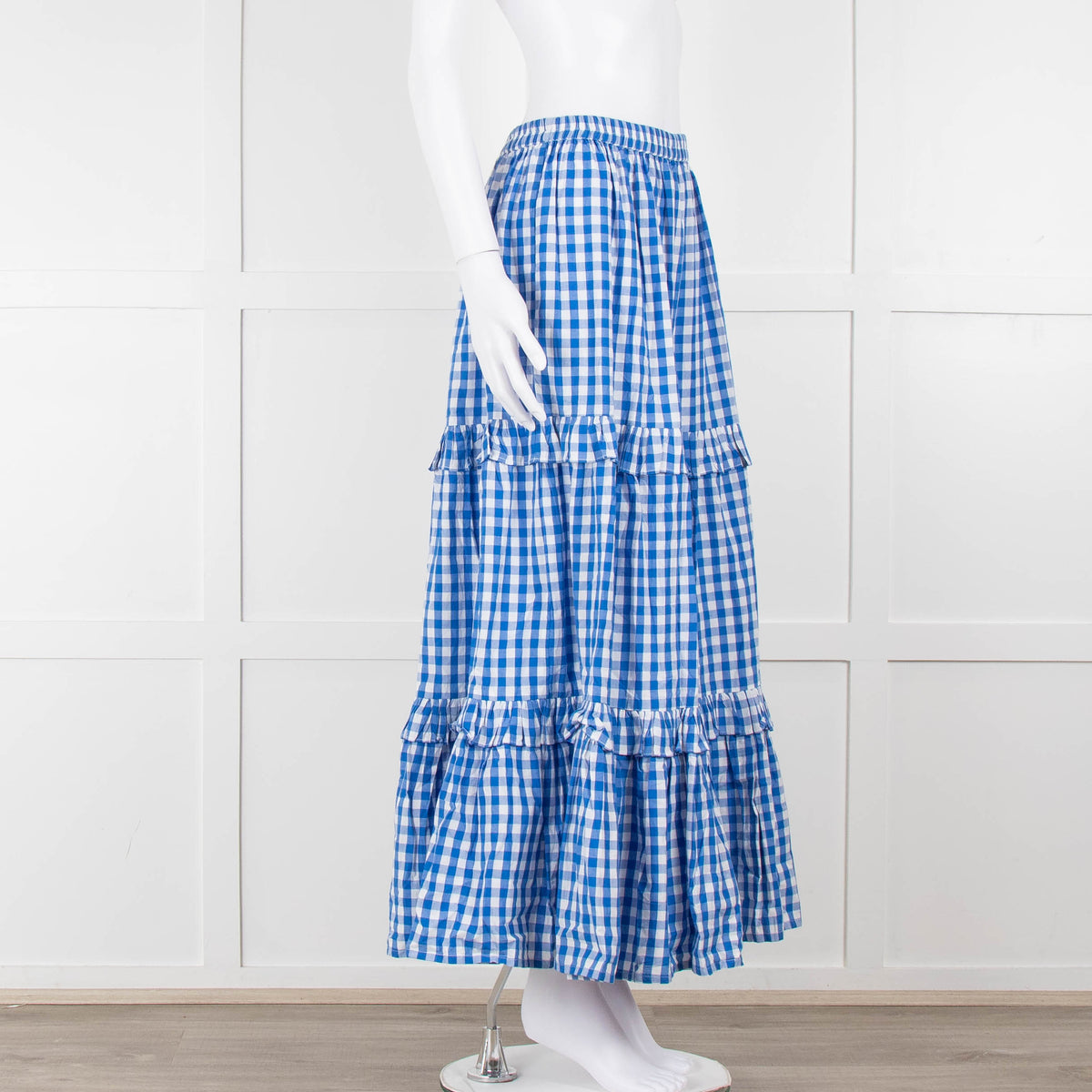 Seraphina Blue White Gingham Check Tiered Maxi Skirt