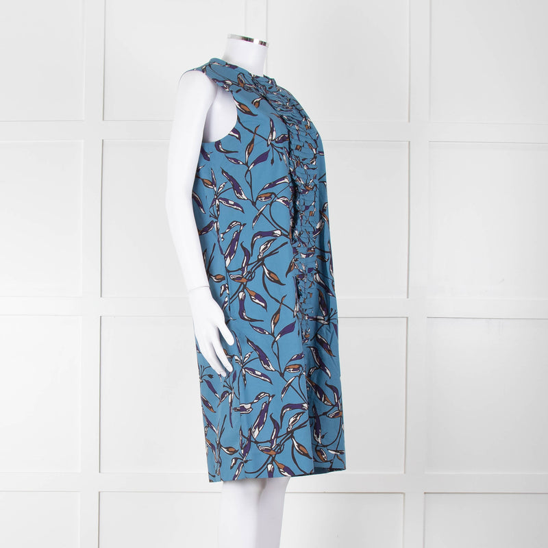 S Max Mara Blue Black Botanical Print Pin Tuck Shift Dress