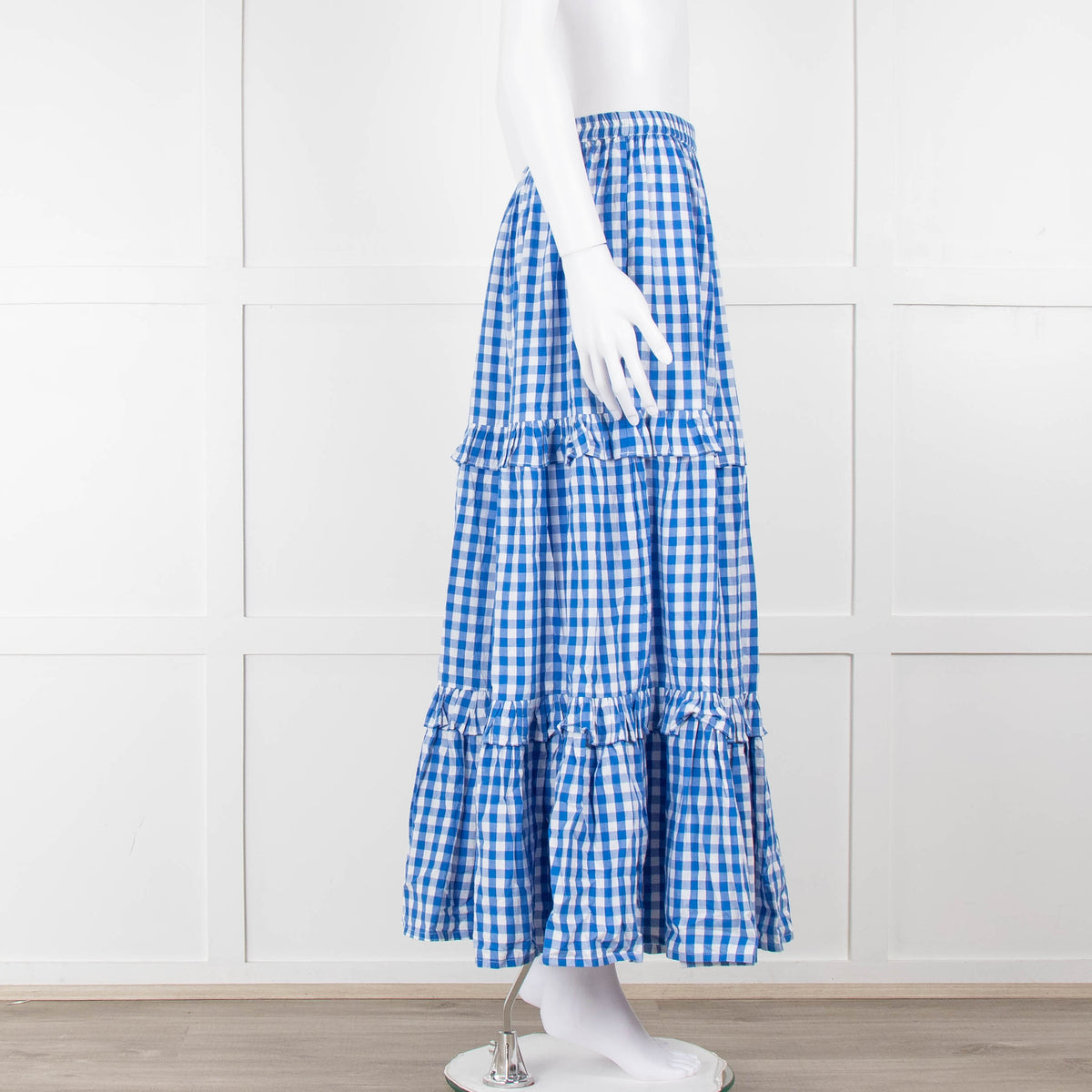 Seraphina Blue White Gingham Check Tiered Maxi Skirt