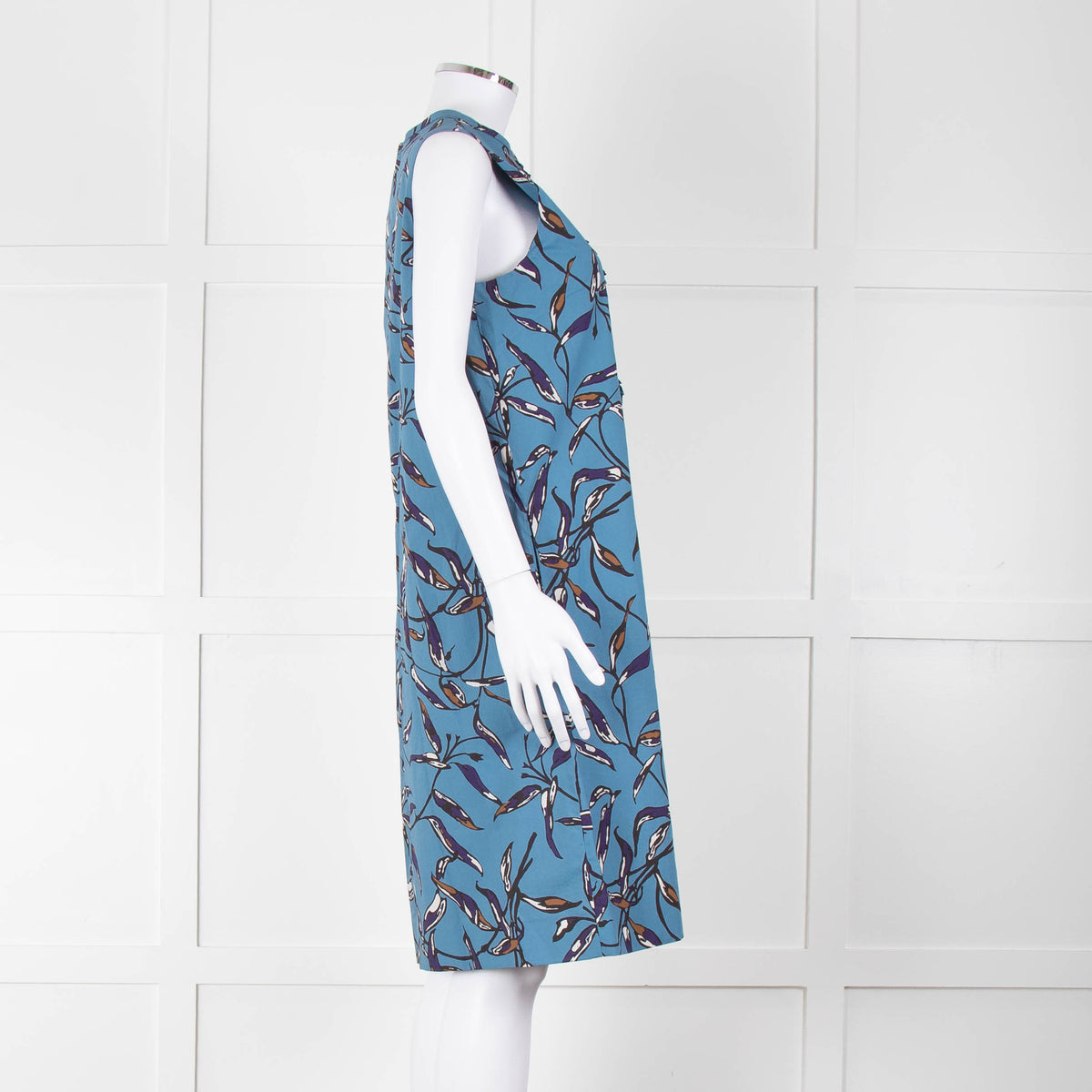 S Max Mara Blue Black Botanical Print Pin Tuck Shift Dress