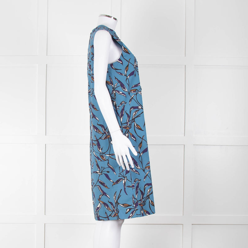 S Max Mara Blue Black Botanical Print Pin Tuck Shift Dress
