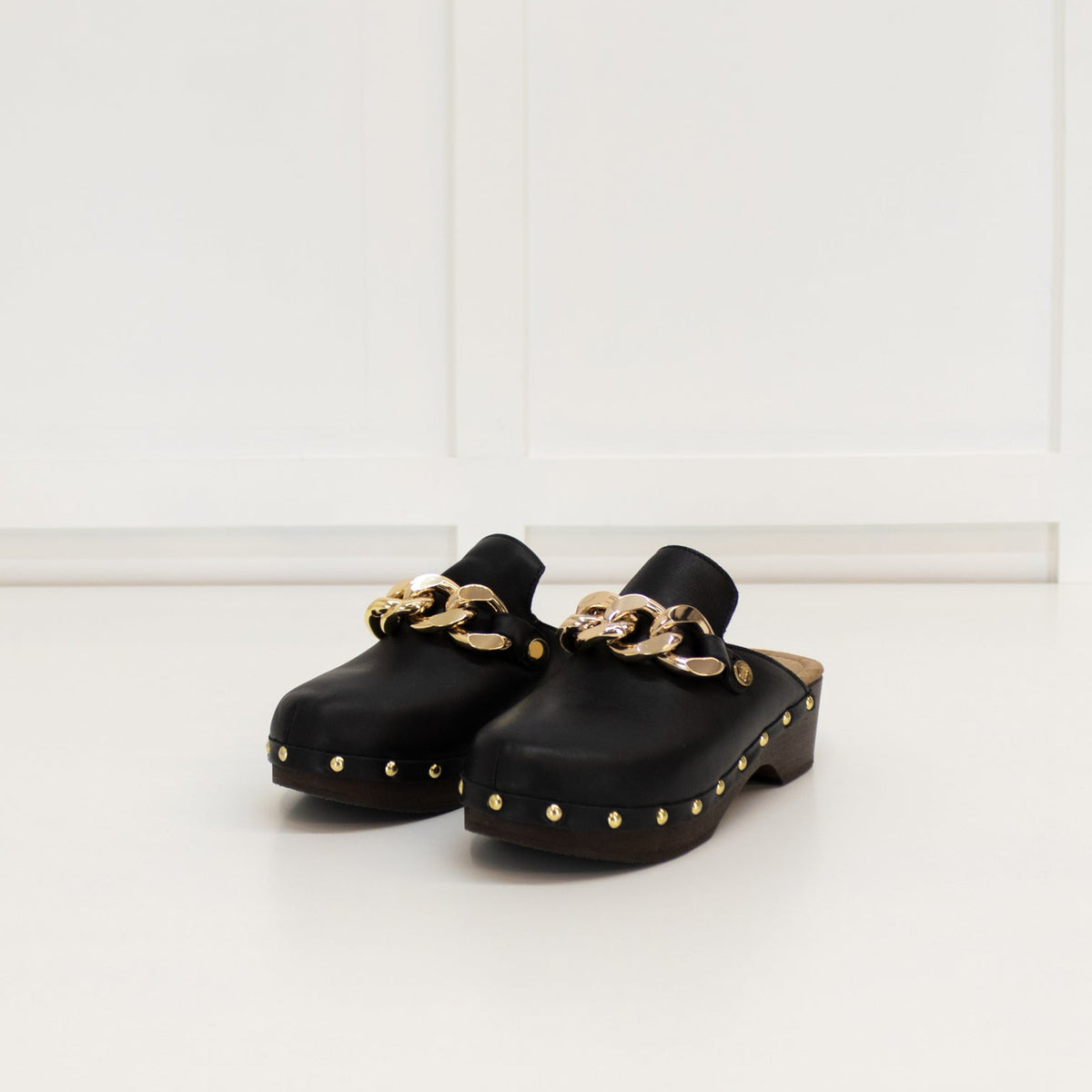 Russell & Bromley Black Clogs With Gold Chain