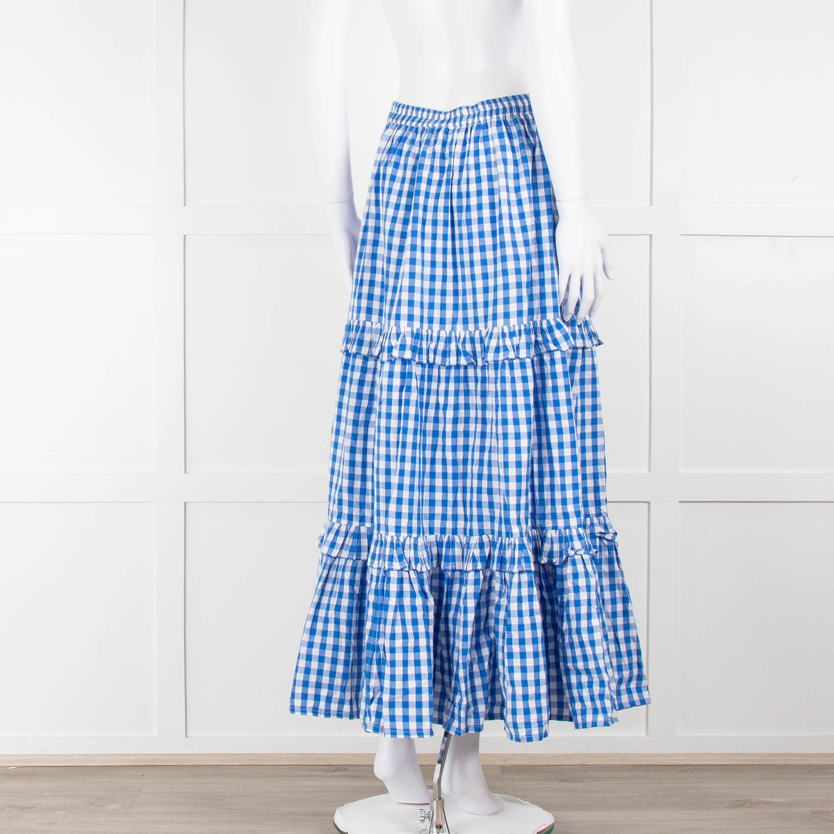 Seraphina Blue White Gingham Check Tiered Maxi Skirt