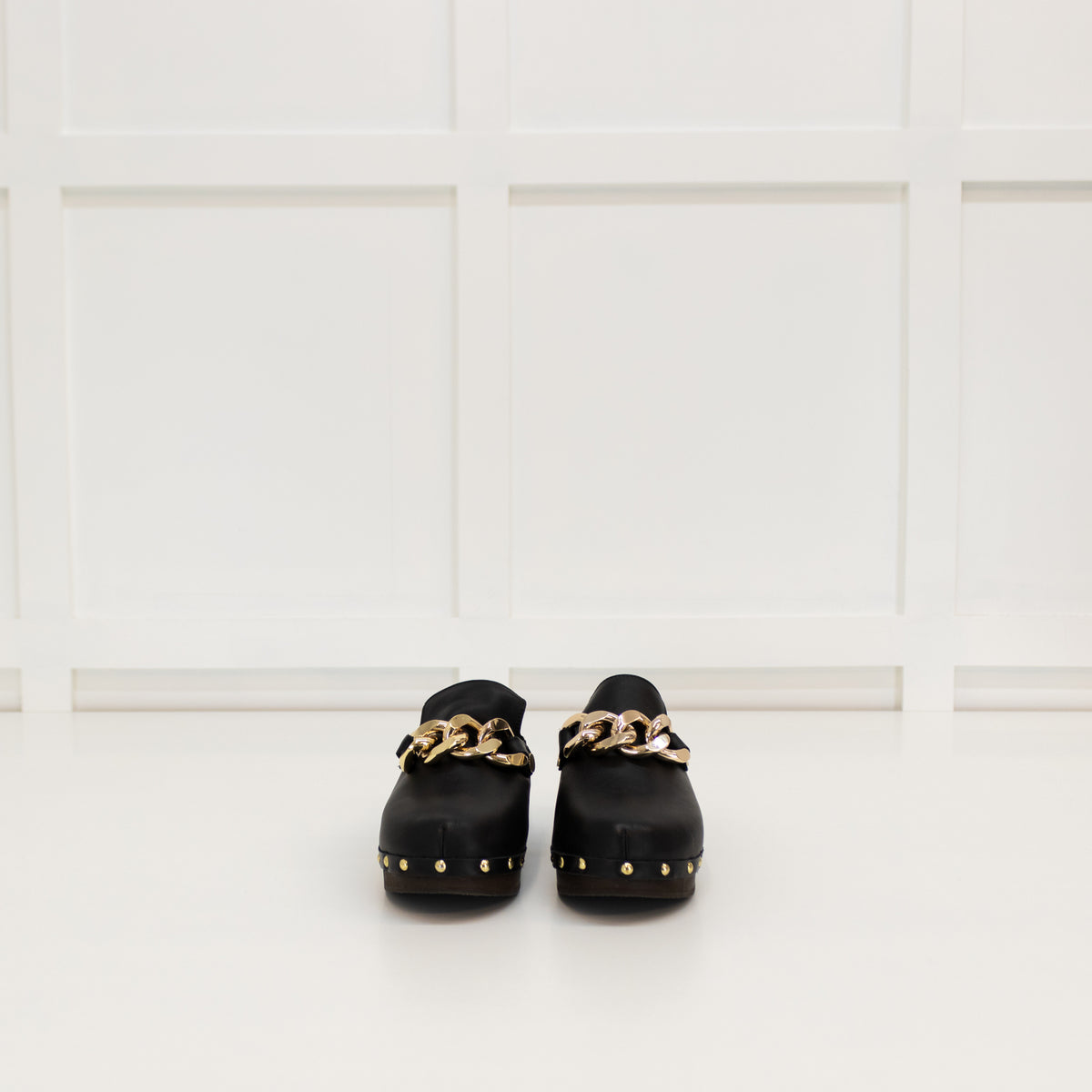 Russell & Bromley Black Clogs With Gold Chain