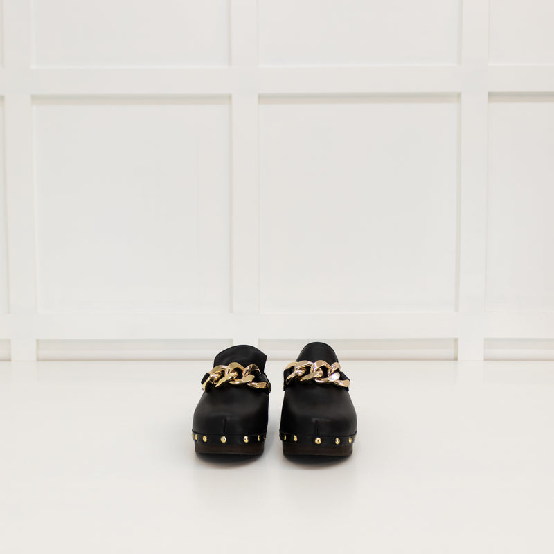 Russell & Bromley Black Clogs With Gold Chain