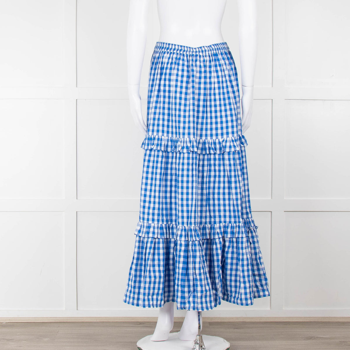 Seraphina Blue White Gingham Check Tiered Maxi Skirt