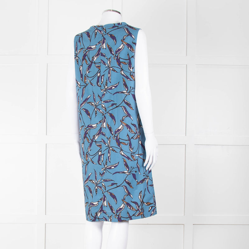 S Max Mara Blue Black Botanical Print Pin Tuck Shift Dress