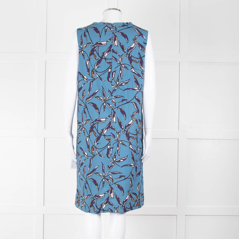 S Max Mara Blue Black Botanical Print Pin Tuck Shift Dress