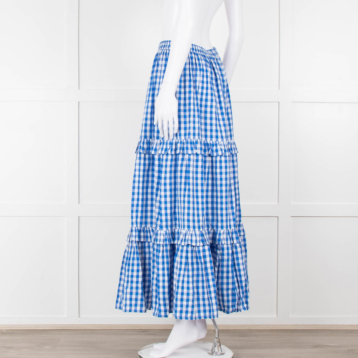 Seraphina Blue White Gingham Check Tiered Maxi Skirt