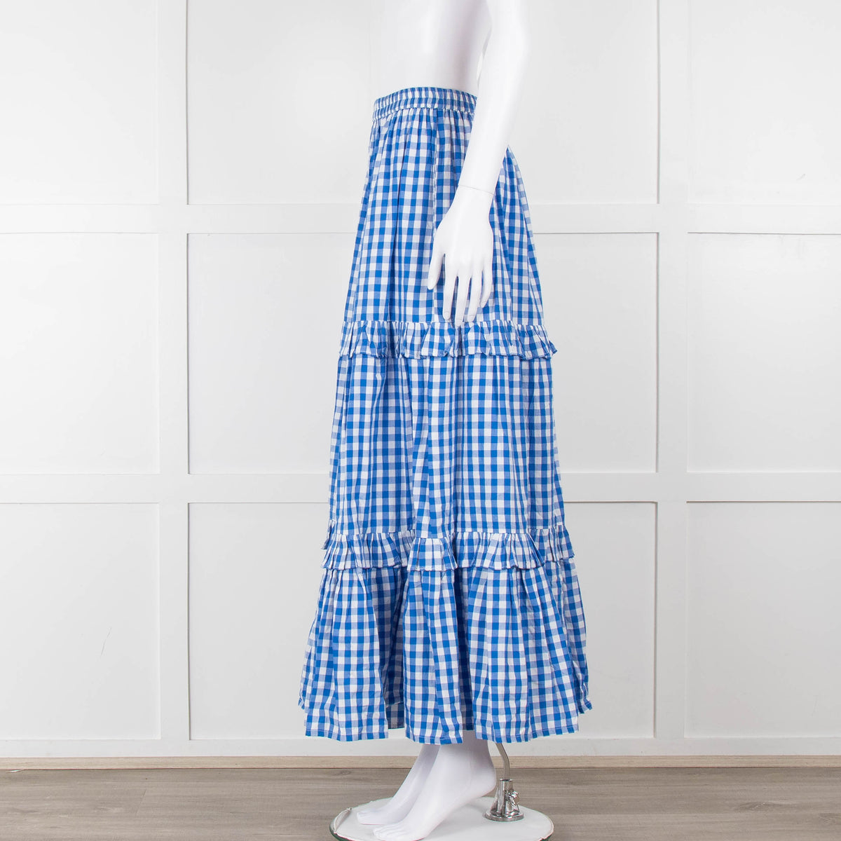 Seraphina Blue White Gingham Check Tiered Maxi Skirt