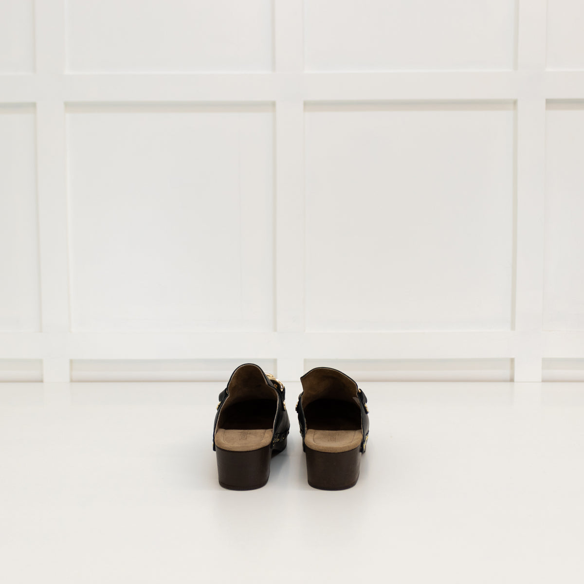 Russell & Bromley Black Clogs With Gold Chain