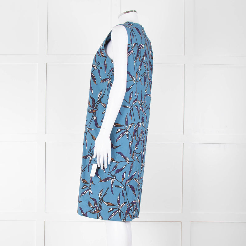 S Max Mara Blue Black Botanical Print Pin Tuck Shift Dress