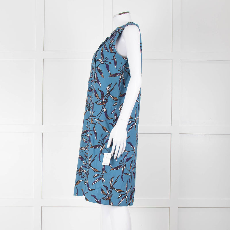 S Max Mara Blue Black Botanical Print Pin Tuck Shift Dress