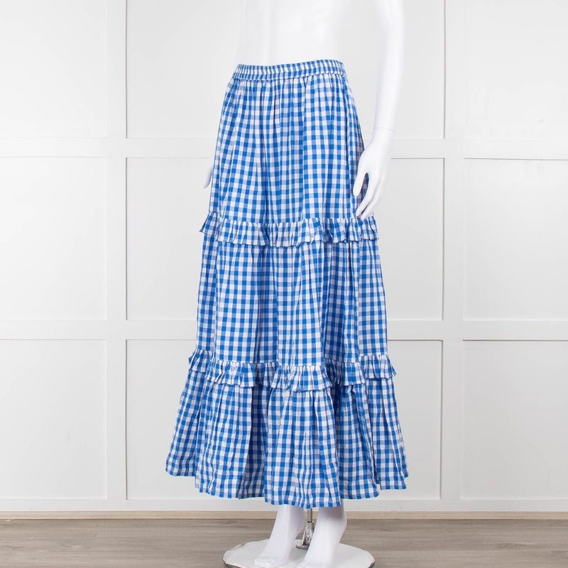 Seraphina Blue White Gingham Check Tiered Maxi Skirt