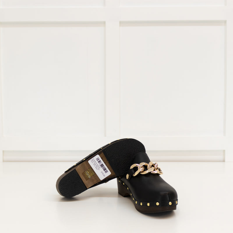 Russell & Bromley Black Clogs With Gold Chain