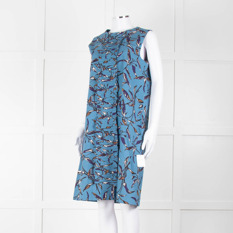 S Max Mara Blue Black Botanical Print Pin Tuck Shift Dress