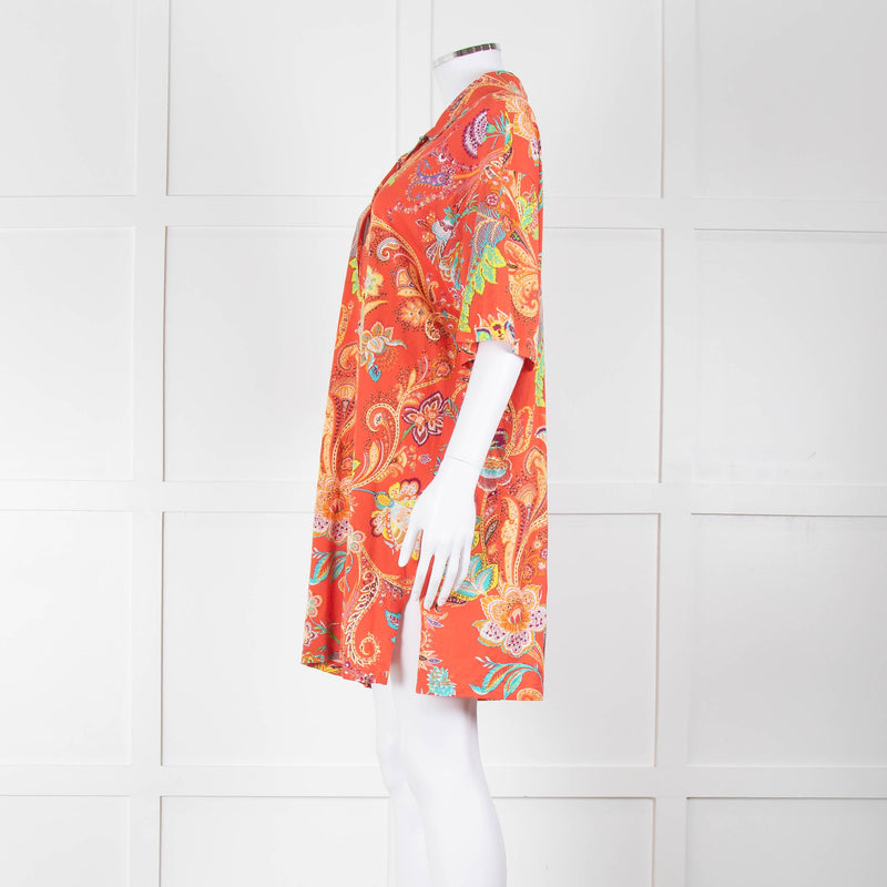 Etro Orange Turquoise Floral Cotton Tunic Top