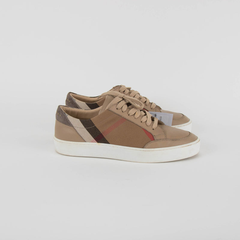 Burberry Beige Leather + Canvas Trainers