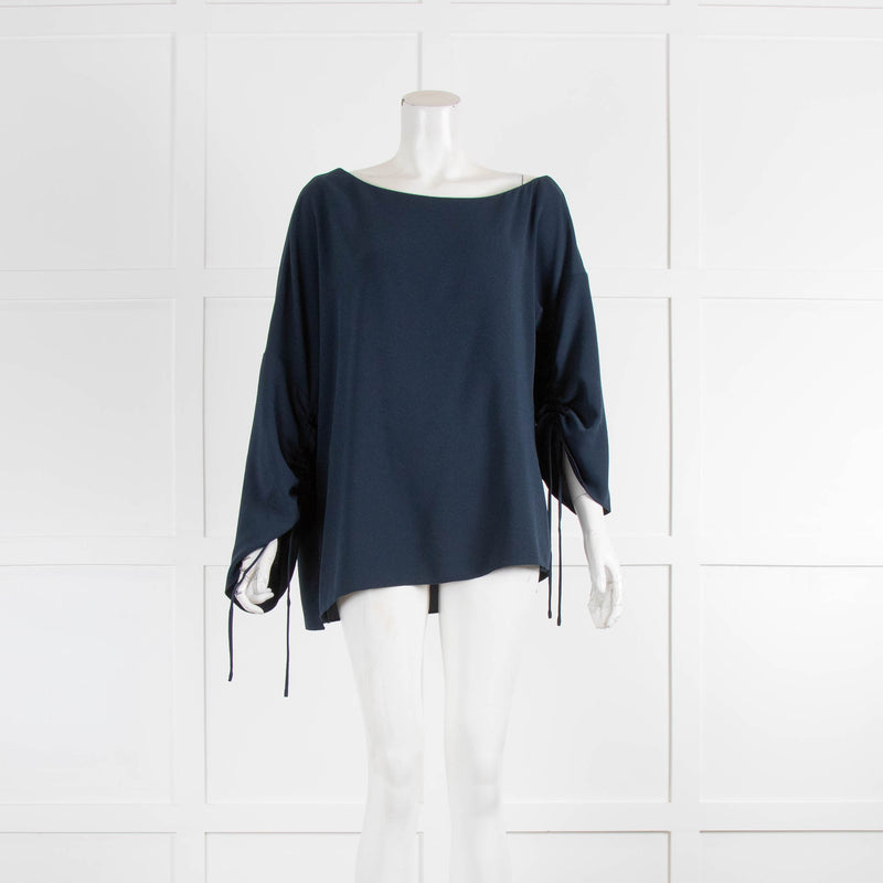 Tibi Navy Ruched Sleeve Wide Top