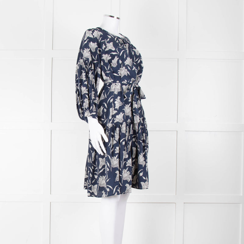 Weekend Max Mara Blue White Black Flower Print Sleeved Dress