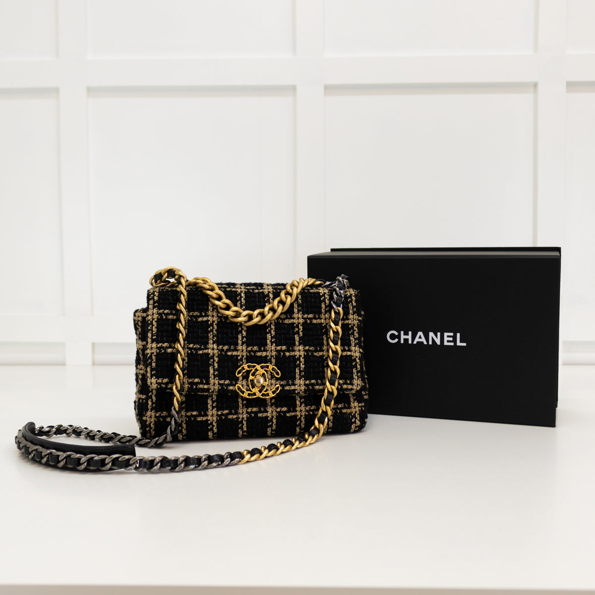 Chanel Black Quilted Tweed Medium 19 Flap Bag