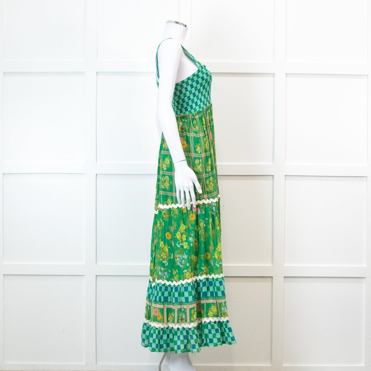 Spell Green Floral And Check Maxi Tiered Dress