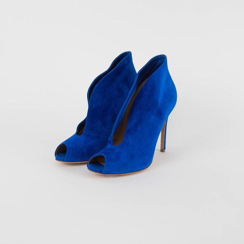 Gianvito Rossi Blue Suede Peep Toe Heeled Booties