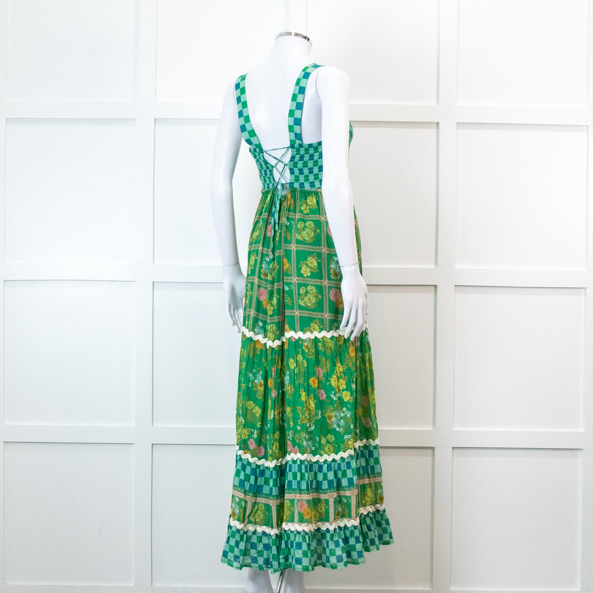 Spell Green Floral And Check Maxi Tiered Dress
