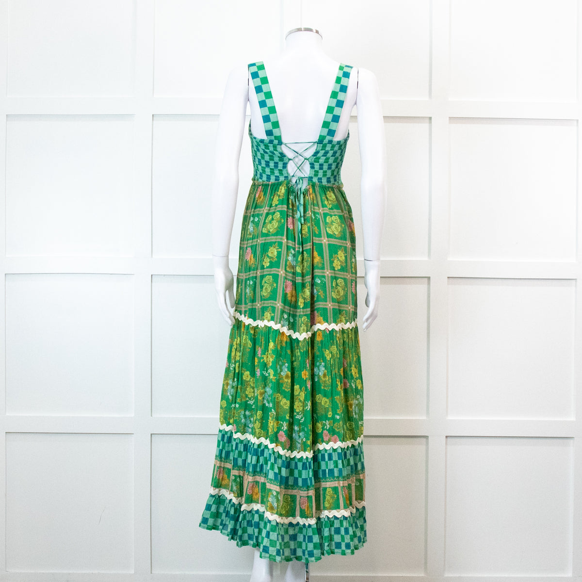 Spell Green Floral And Check Maxi Tiered Dress