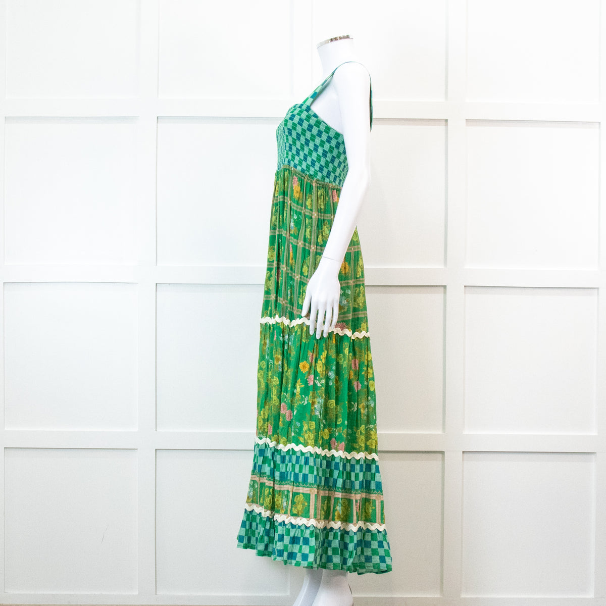 Spell Green Floral And Check Maxi Tiered Dress
