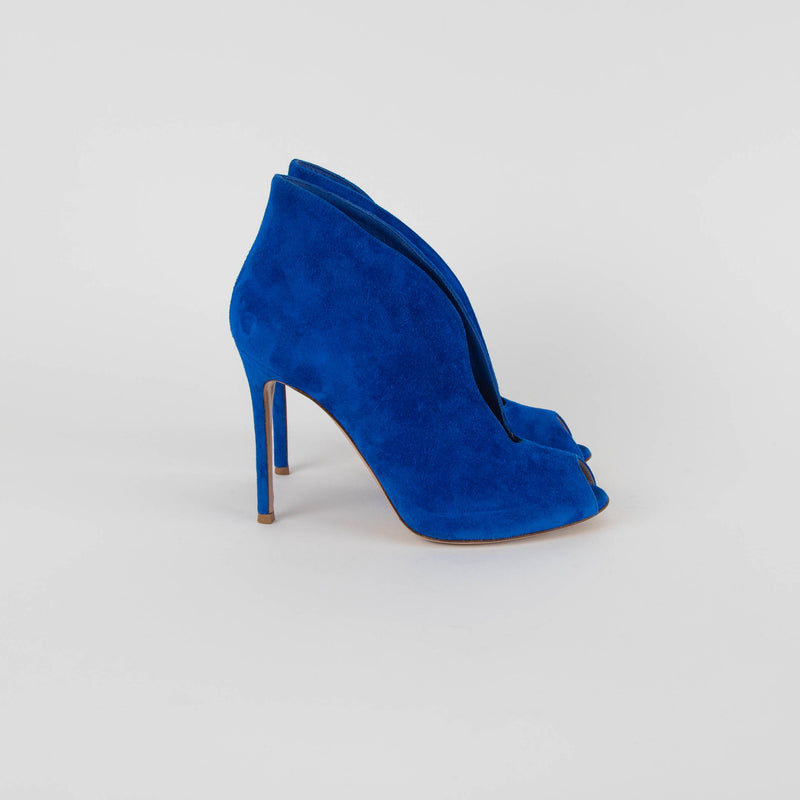 Gianvito Rossi Blue Suede Peep Toe Heeled Booties