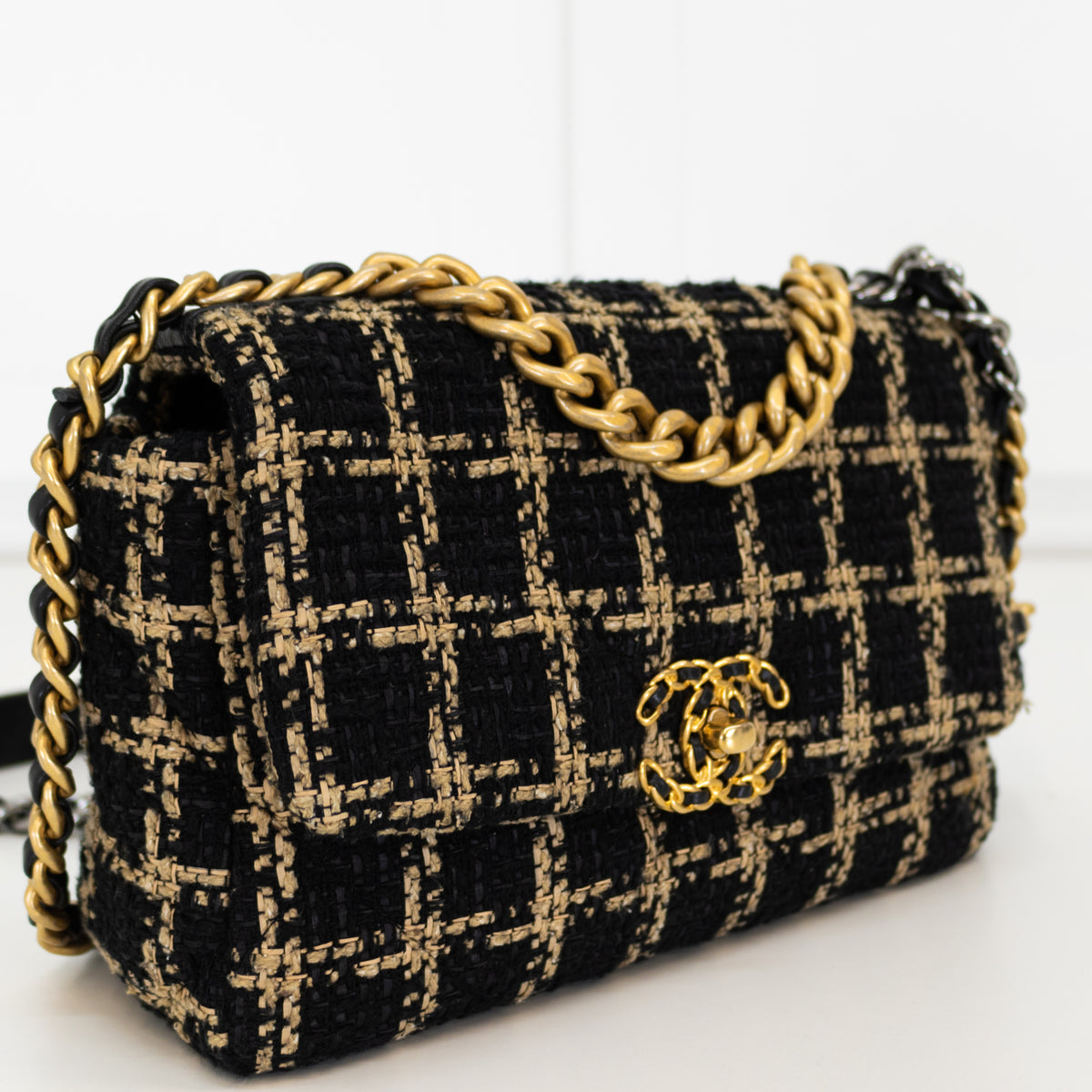 Chanel Black Quilted Tweed Medium 19 Flap Bag