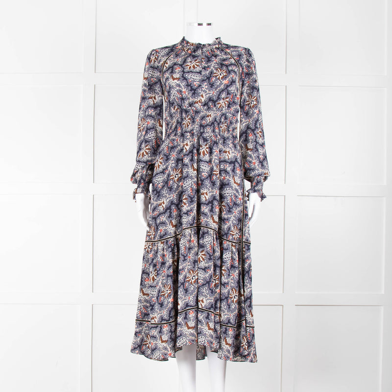 Me + Em Navy White Brown Floral Zip Front Maxi Dress