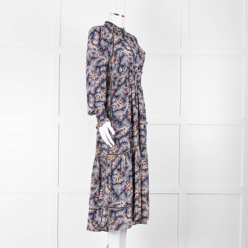 Me + Em Navy White Brown Floral Zip Front Maxi Dress