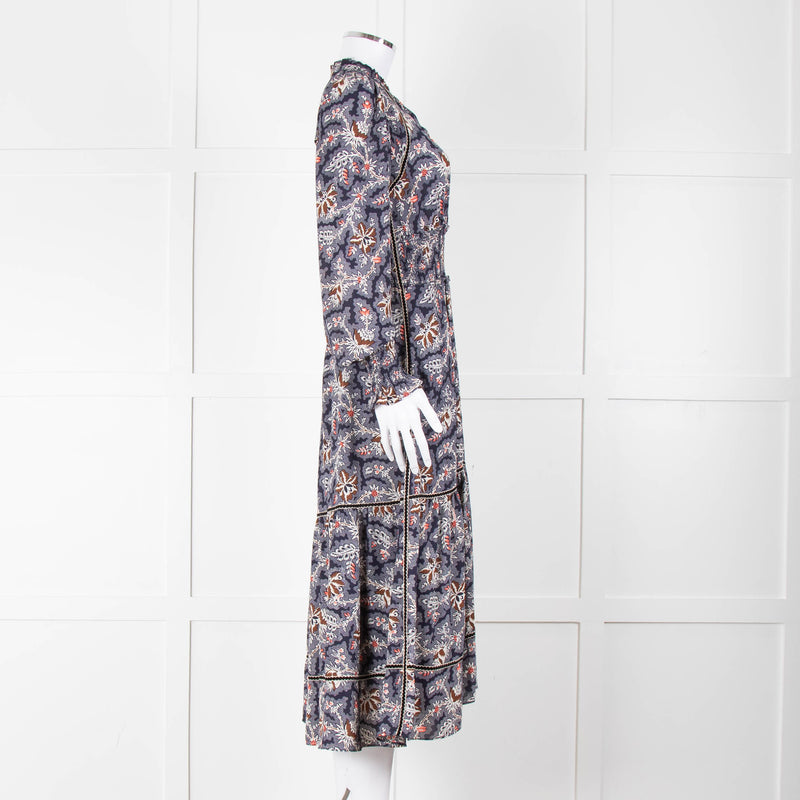 Me + Em Navy White Brown Floral Zip Front Maxi Dress