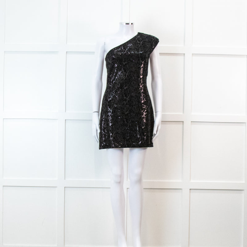 Halston Heritage Black Sequin Snakeprint One Shoulder Mini Dress