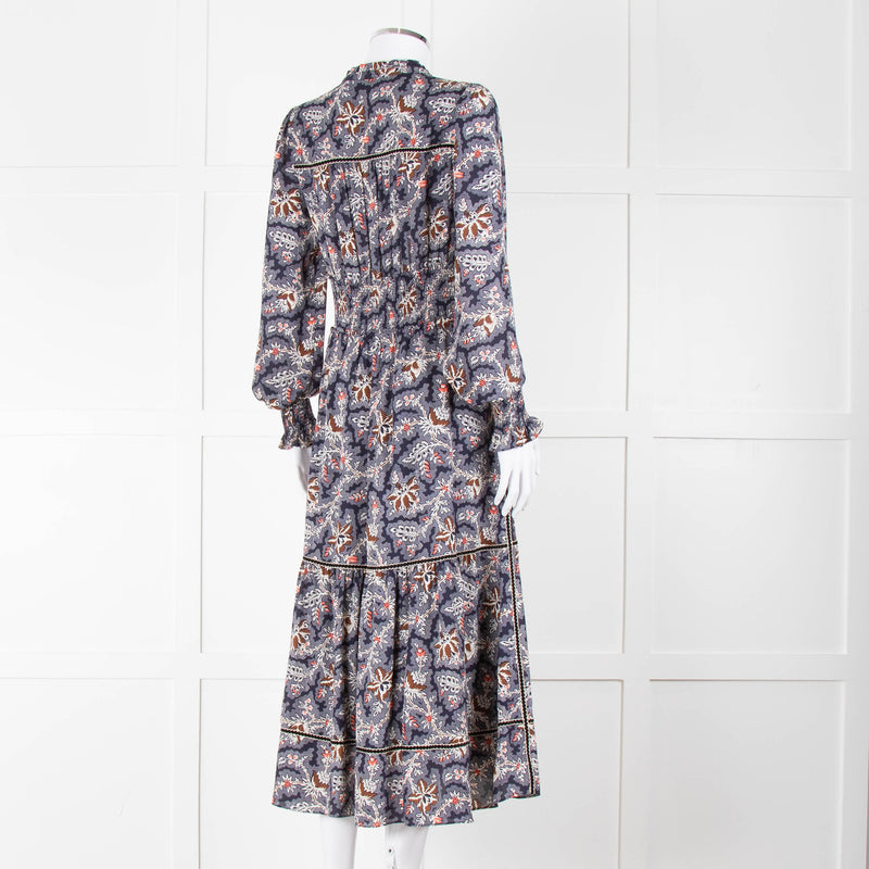 Me + Em Navy White Brown Floral Zip Front Maxi Dress