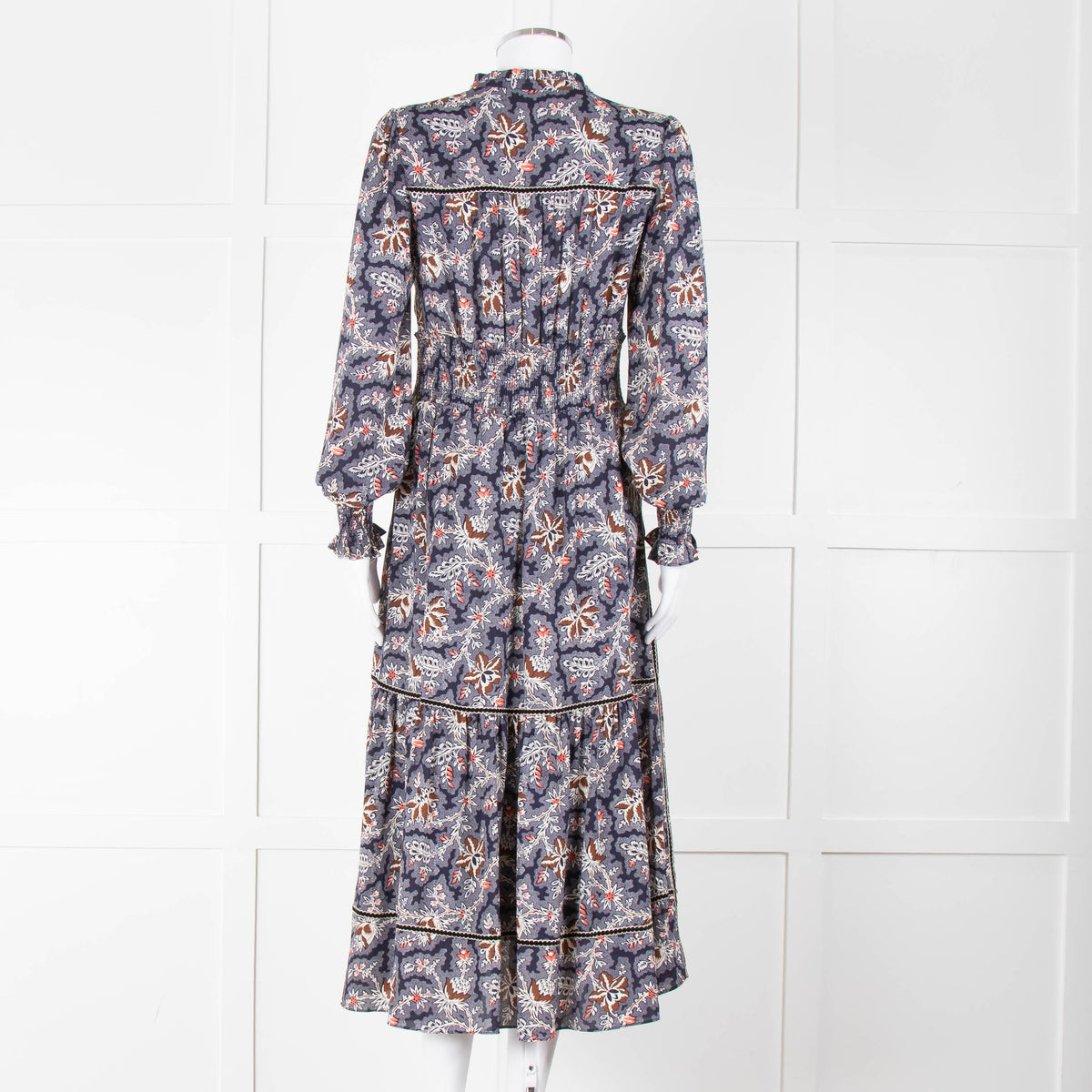 Me + Em Navy White Brown Floral Zip Front Maxi Dress