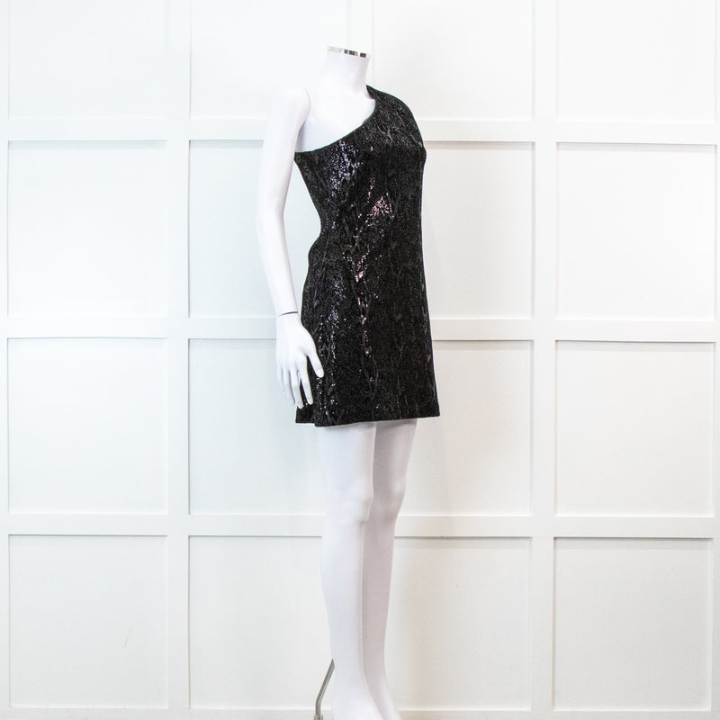 Halston Heritage Black Sequin Snakeprint One Shoulder Mini Dress