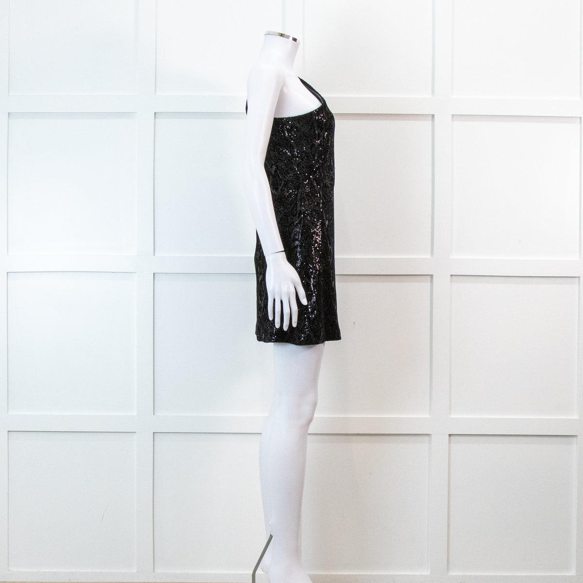 Halston Heritage Black Sequin Snakeprint One Shoulder Mini Dress